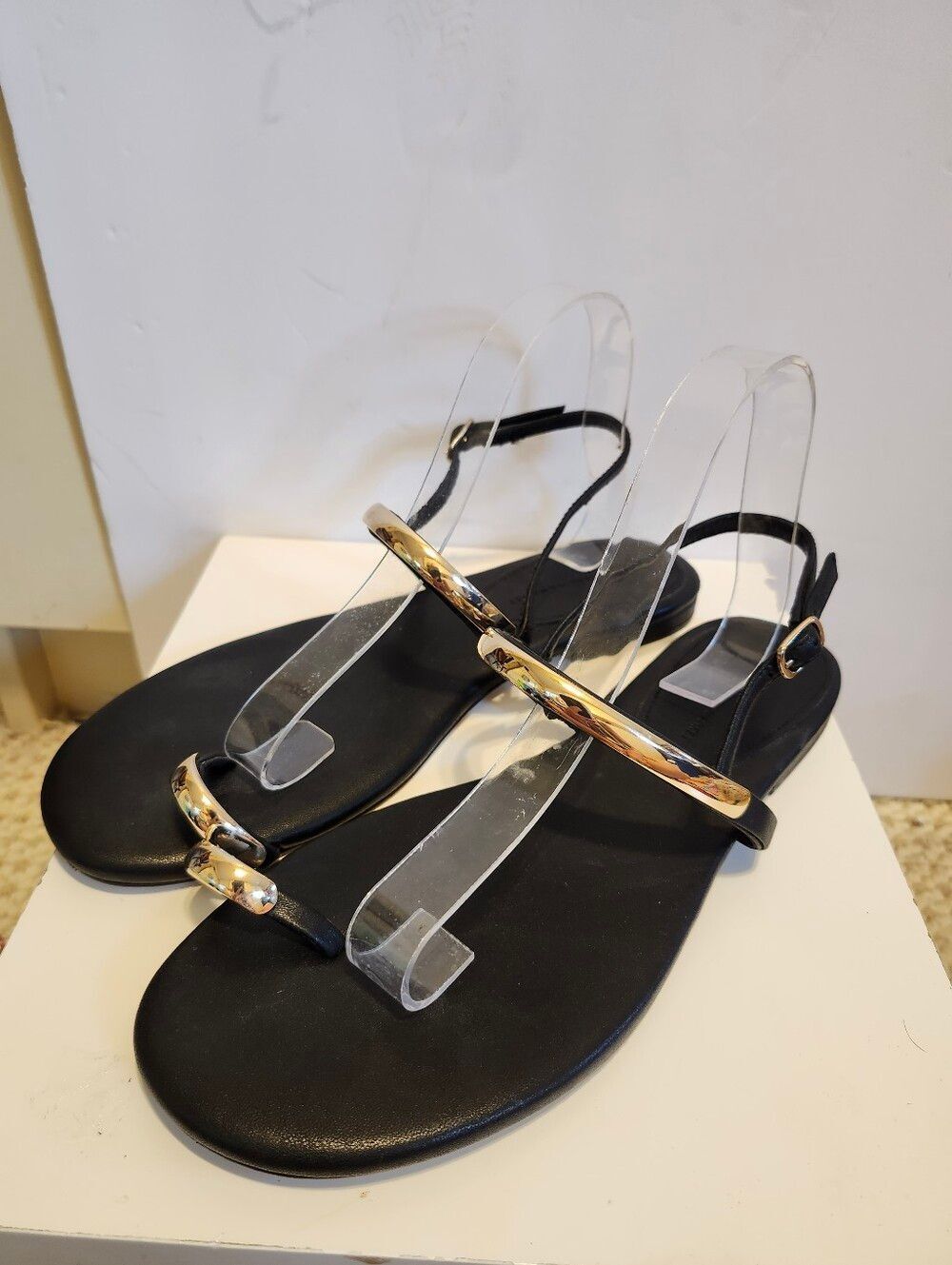 White House Black Market Black Flat Sandals w/Gold Hardware Sz. 10Ret.$85